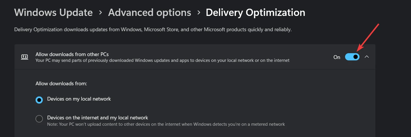 Turn off Allow Downloads From Other PCs