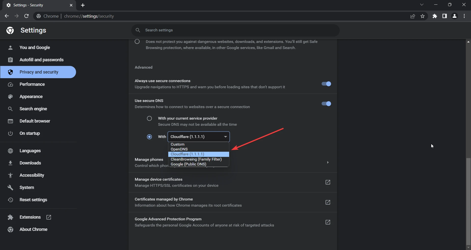 secure dns option in chrome