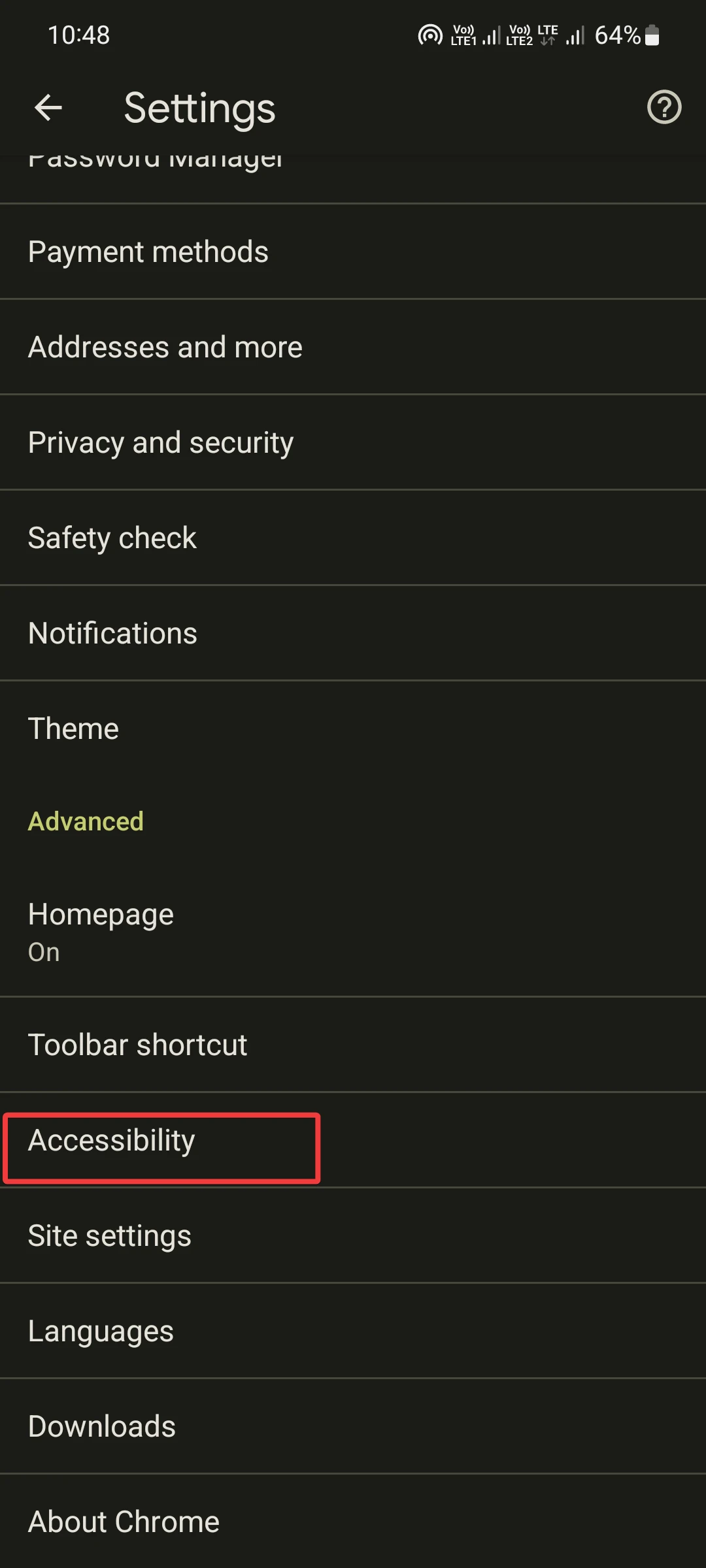 accessibility setting in chrome on phone
