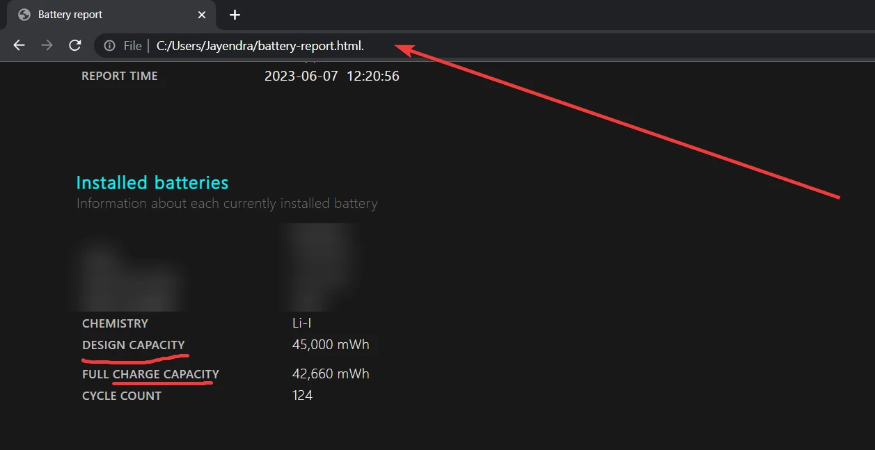 paste battery report url in browser