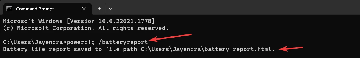 type powercfg batteryreport command in cmd