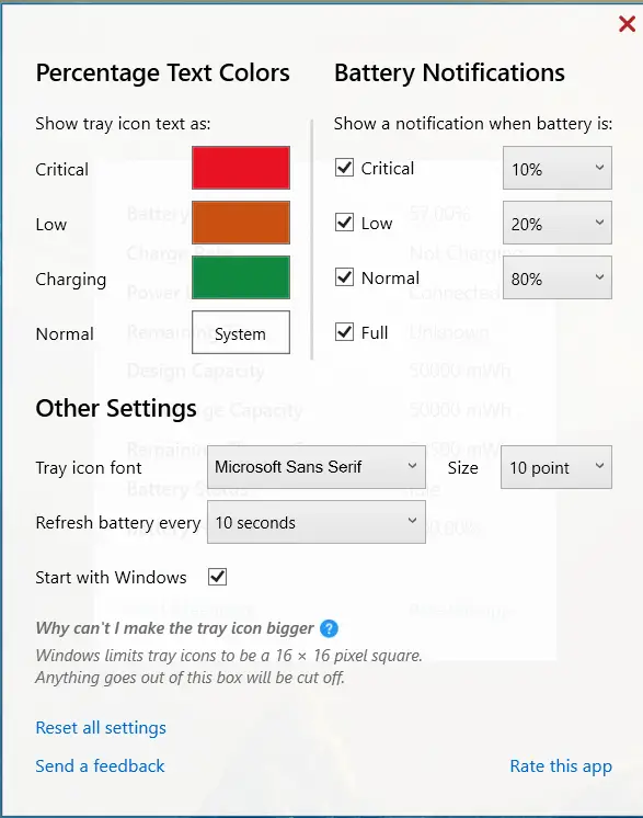battery percentage settings tab