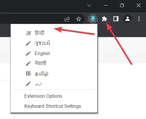 selecting hindi language to type
