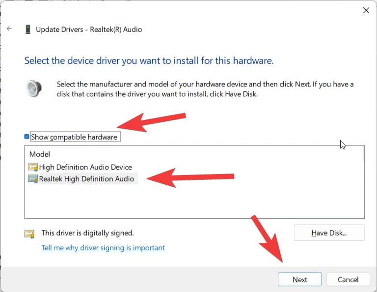 Choose the Realtek High Definition Audio