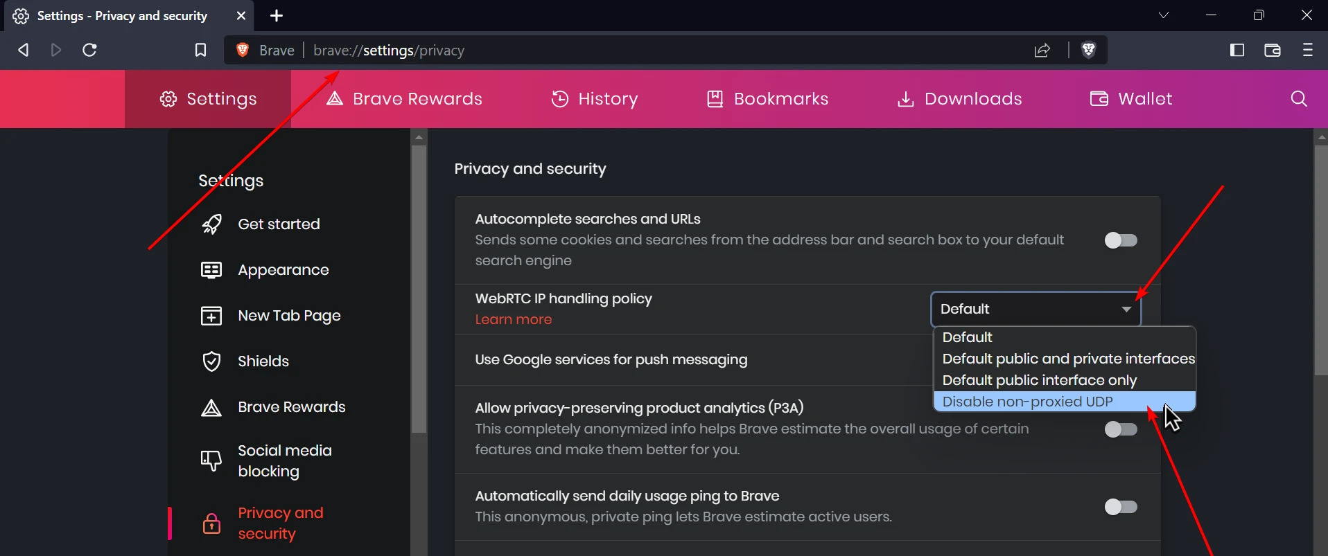 Disable non proxied UDP in brave browser