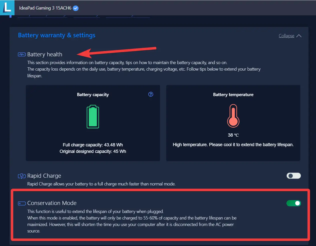 conservation mode in lenovo vantage