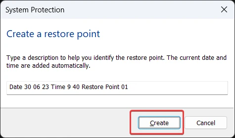 Add date and time then create restore point