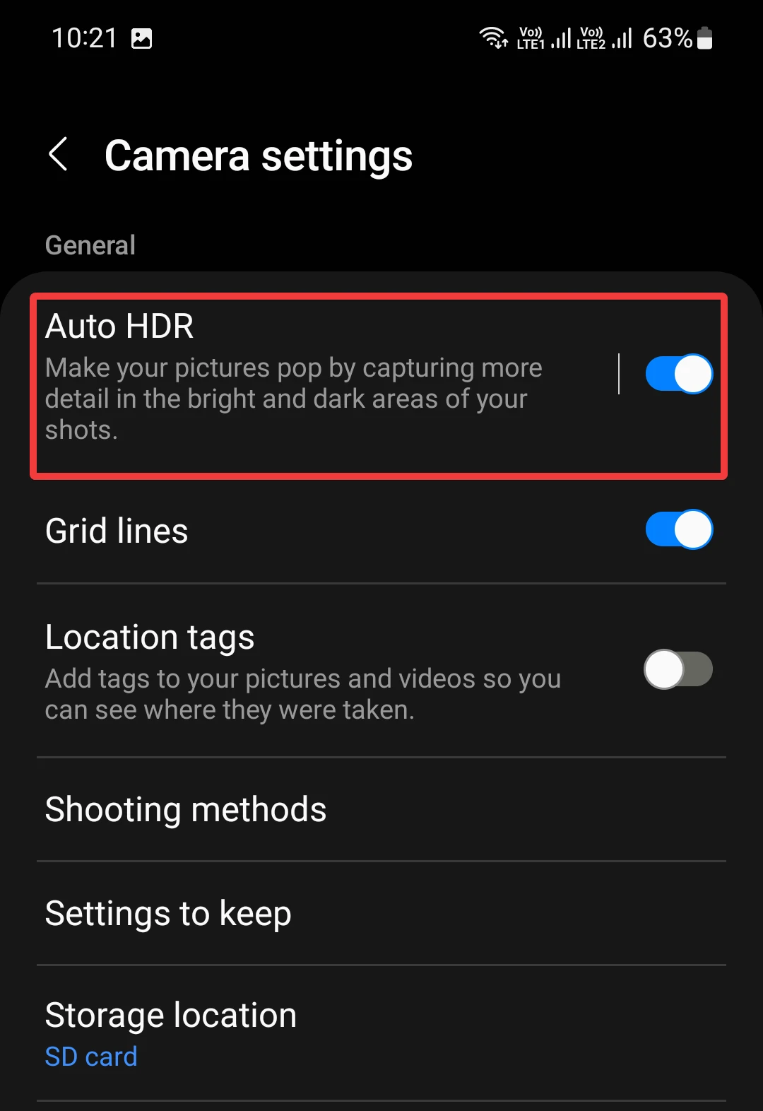Auto HDR Mode in Samsung Phone
