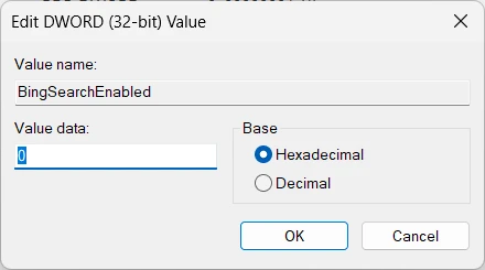 BingSearch Enabled set value 0 and chose hexadecimal in base