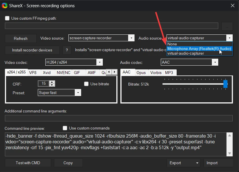 Choose external mic or Microphone Array RealtekRAudio