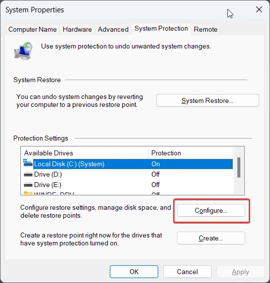 Configure restore point