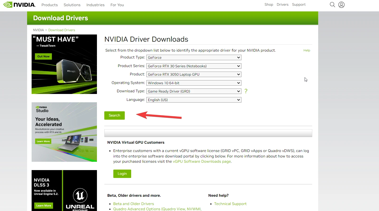 NVIDIA Driver Download Page