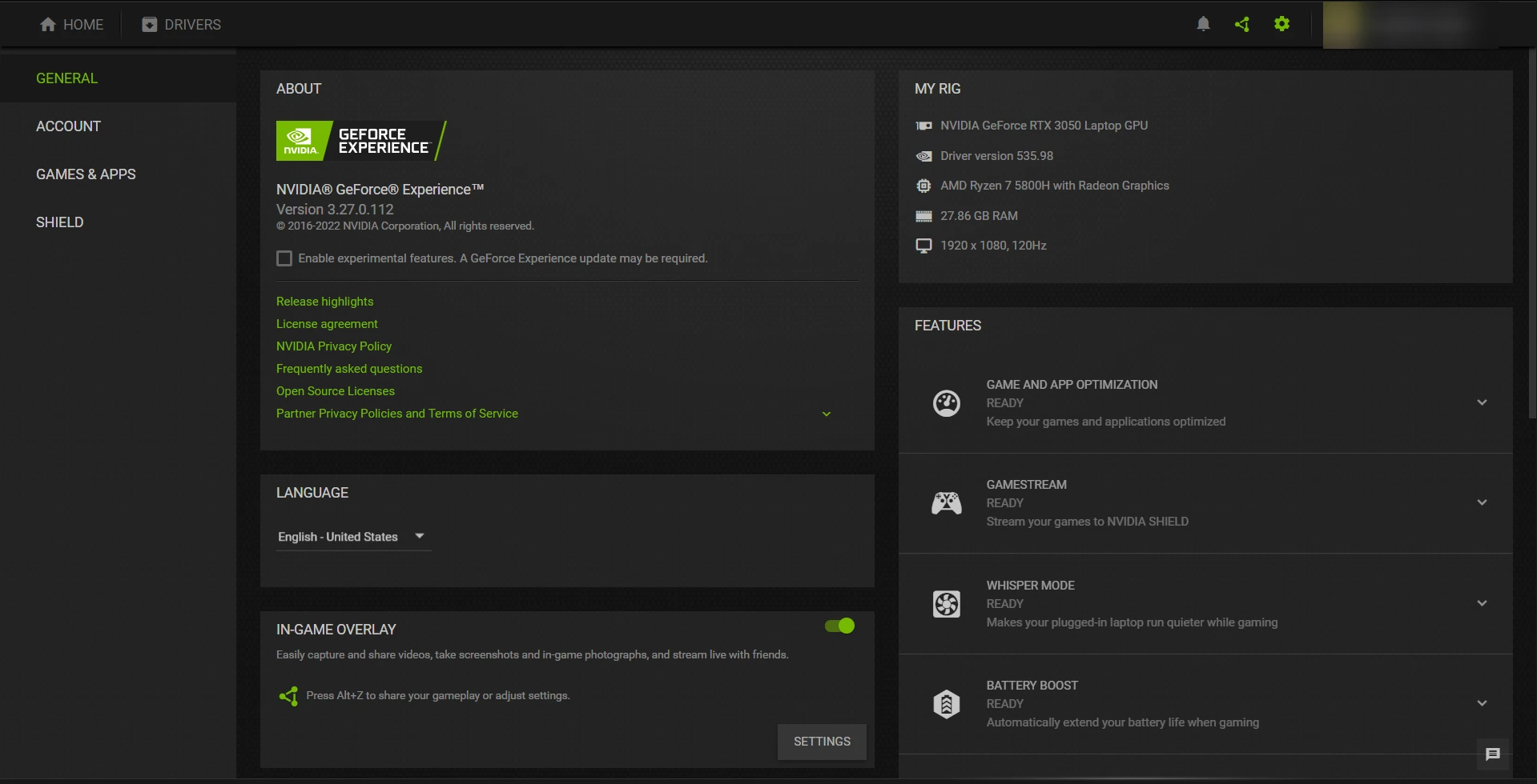 NVIDIA GeForce Experience General Option
