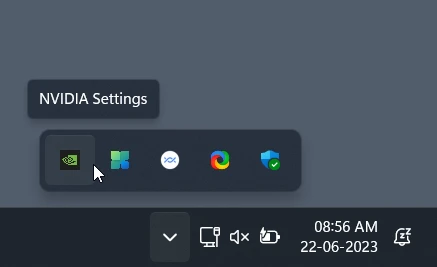 NVIDIA Setting on the notification tray