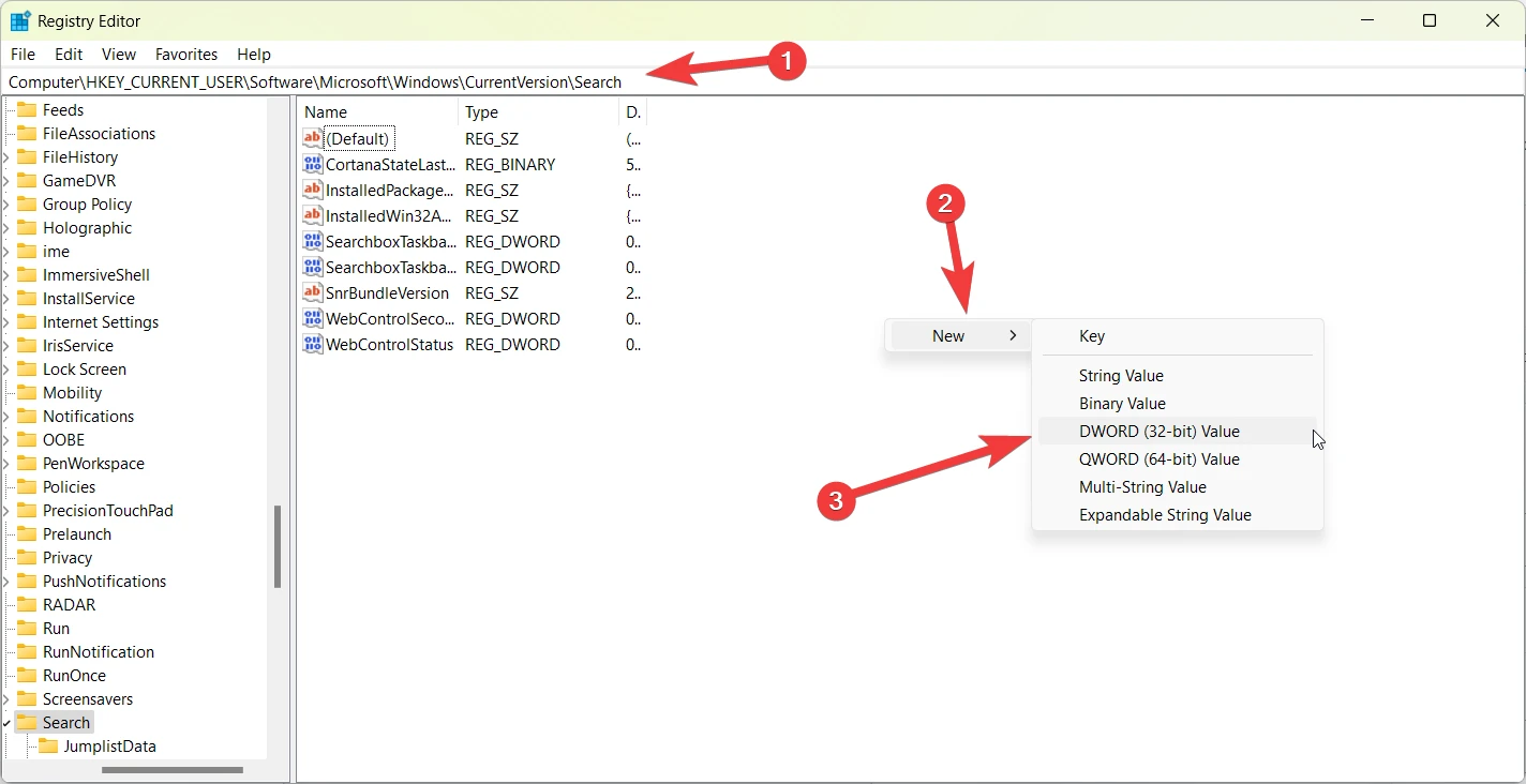 Navigate to search and create DWORD 32 bit Value Key