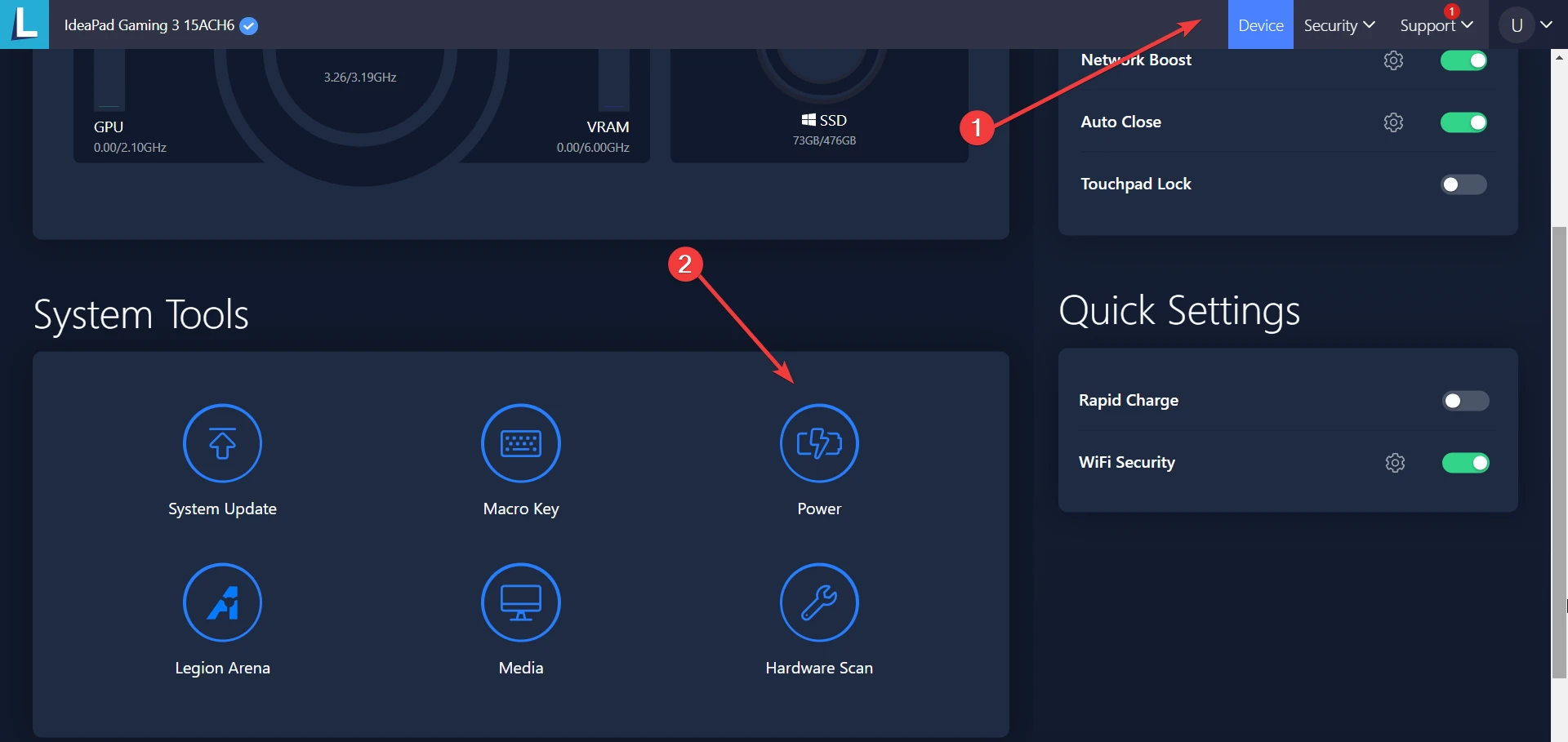 Power option in lenovo vantage