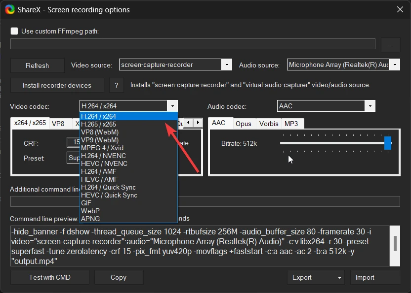 Select H.264 in Video Codec