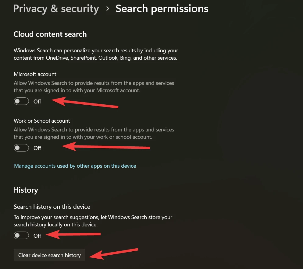 Settings for Search permission and history