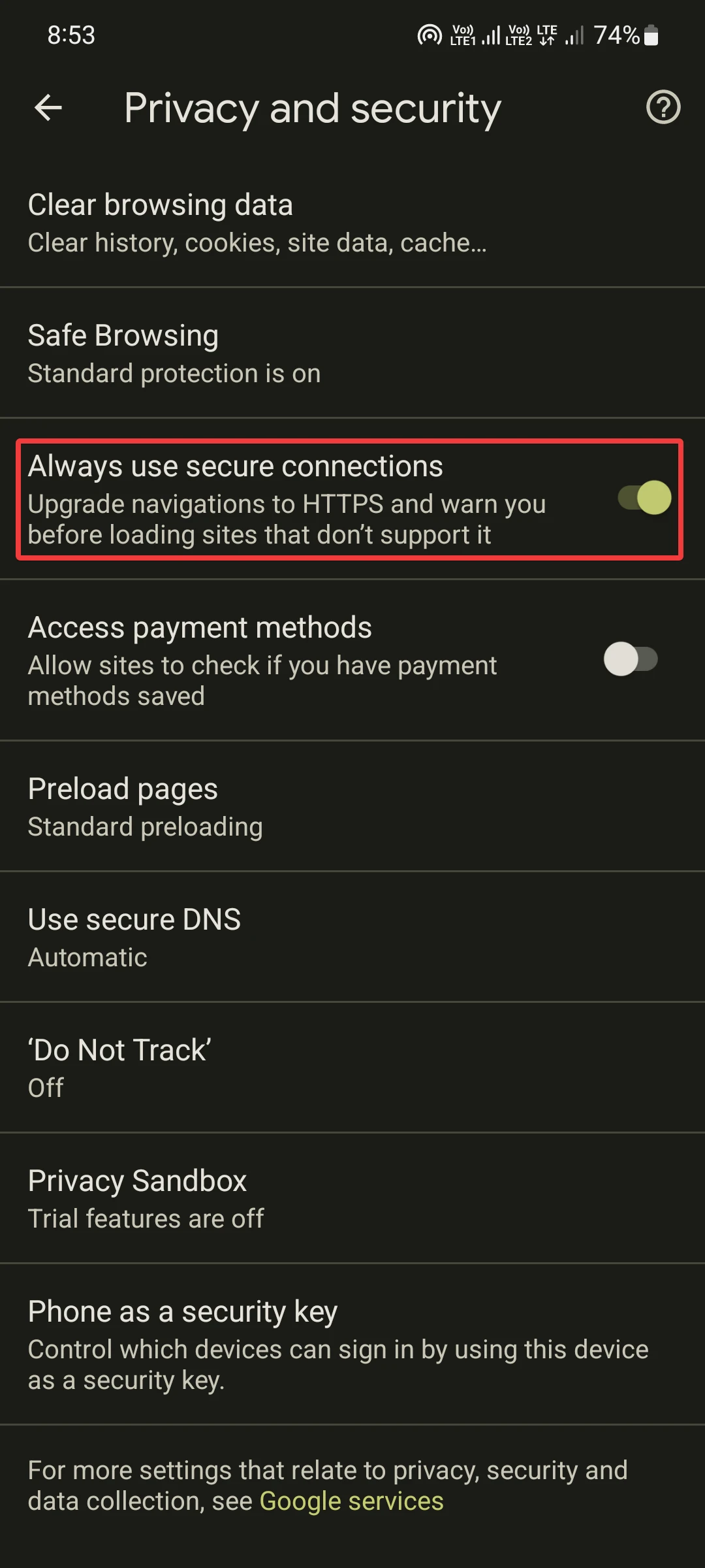 enable always use secure connections in chrome on smartphone