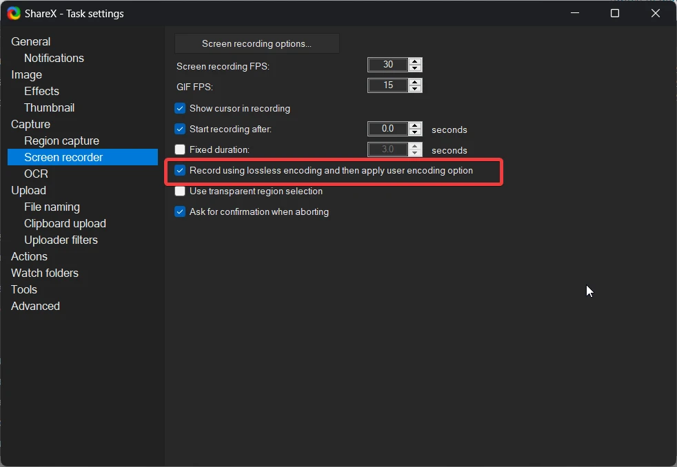 enable record using lossless encoding then apply user encoding option in ShareX