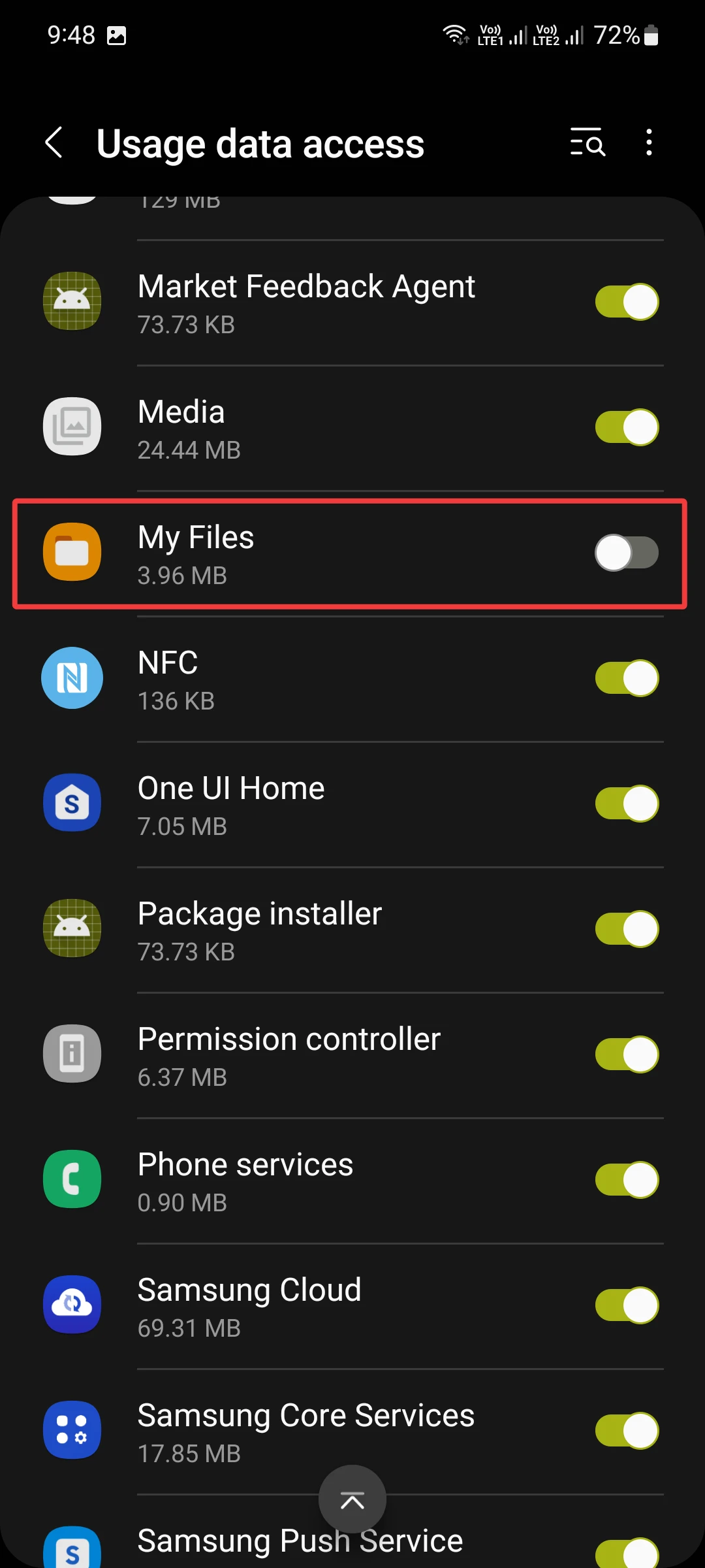 enable usage data access for the My Files