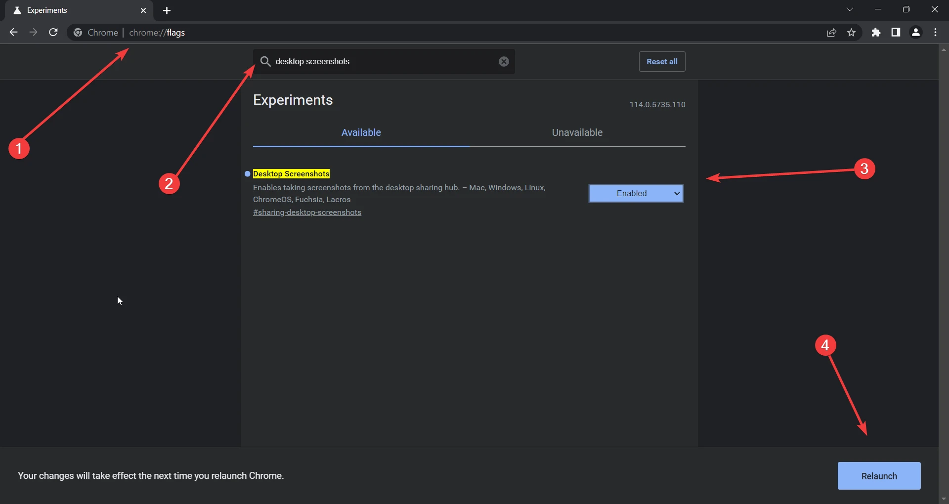 enabling Desktop Screenshots from chrome flags
