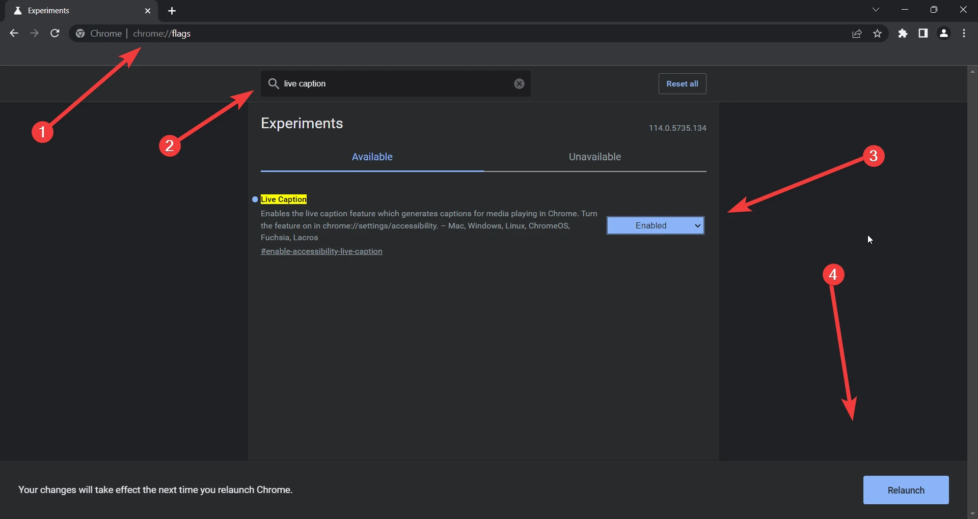 enabling live caption from chrome flags