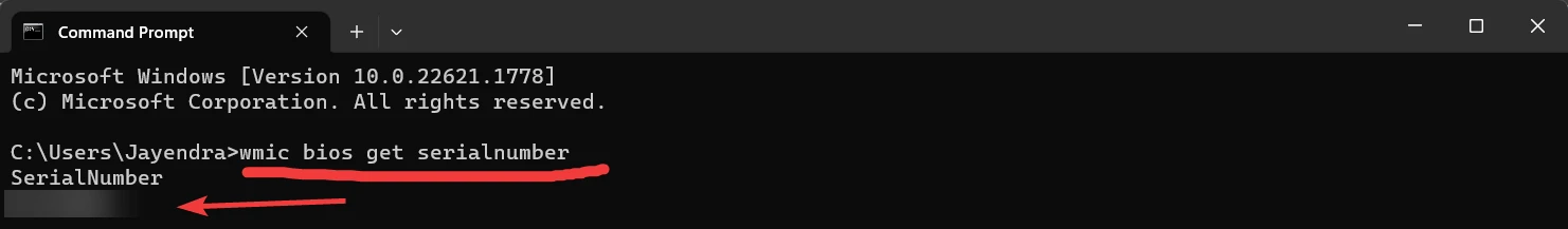 pasting wmic bios get serialnumber command