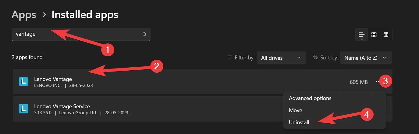 uninstall lenovo vantage application