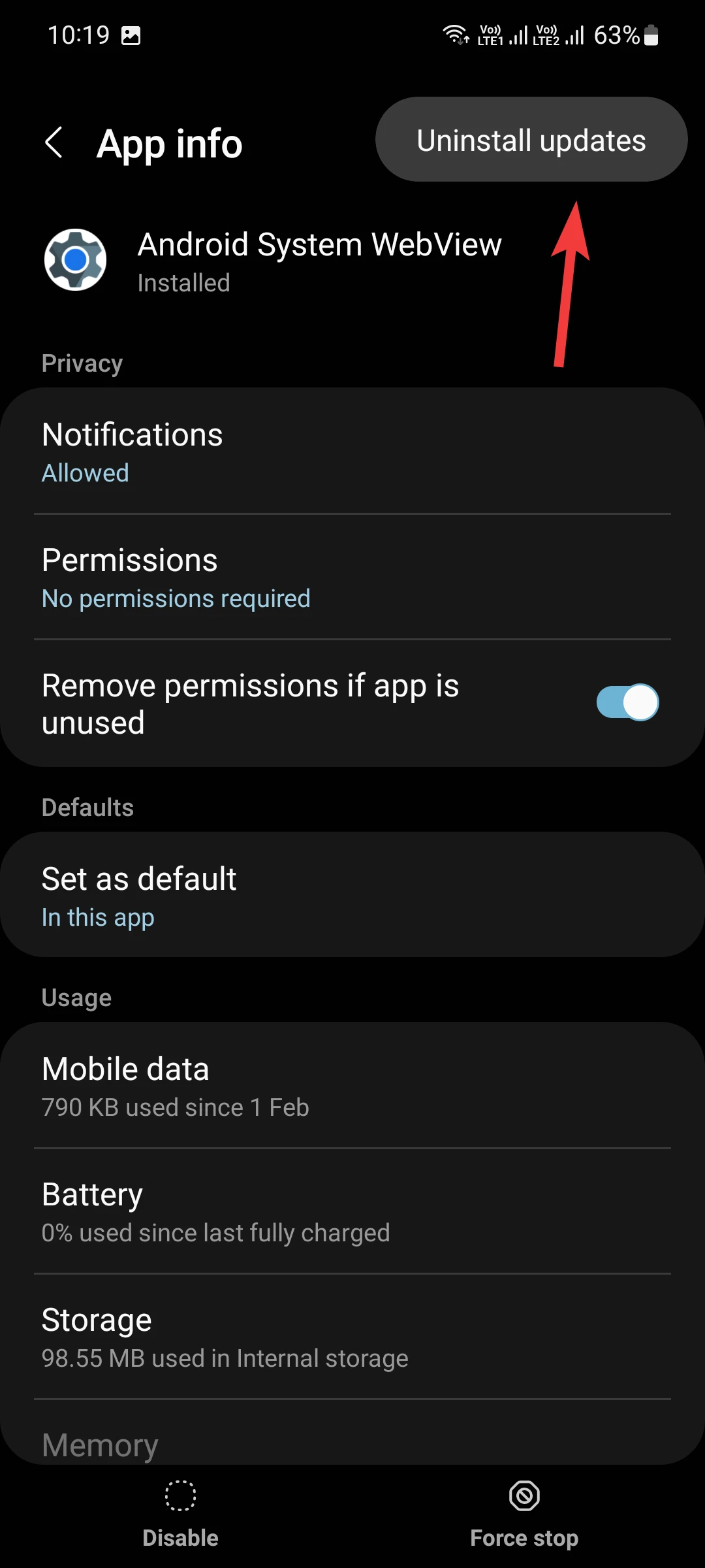 uninstall update option for android system webview