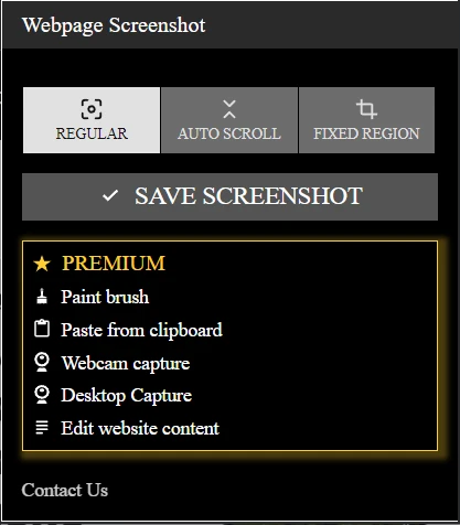 webpage screenshot options