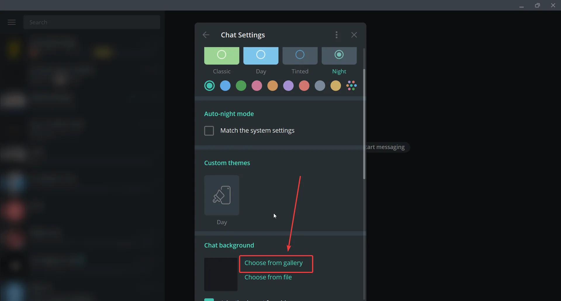 Scroll down to the Chat Background section and Go to Choose from gallery