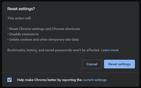 chrome reset settings