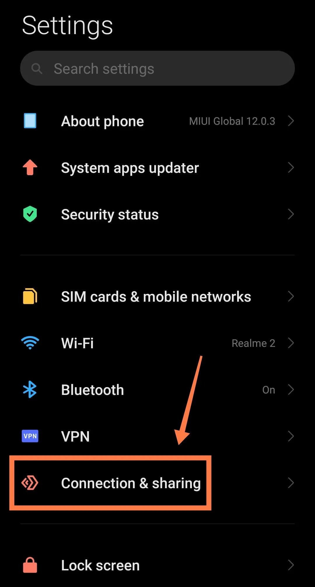 connection and sharing option