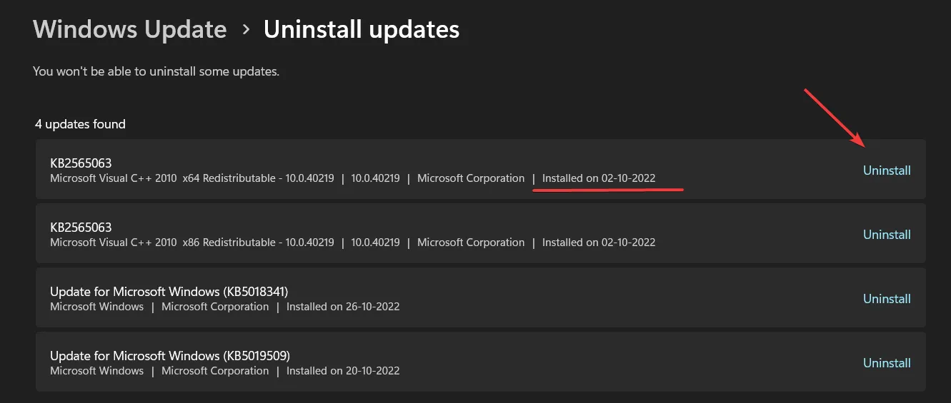 installed date of recent updates