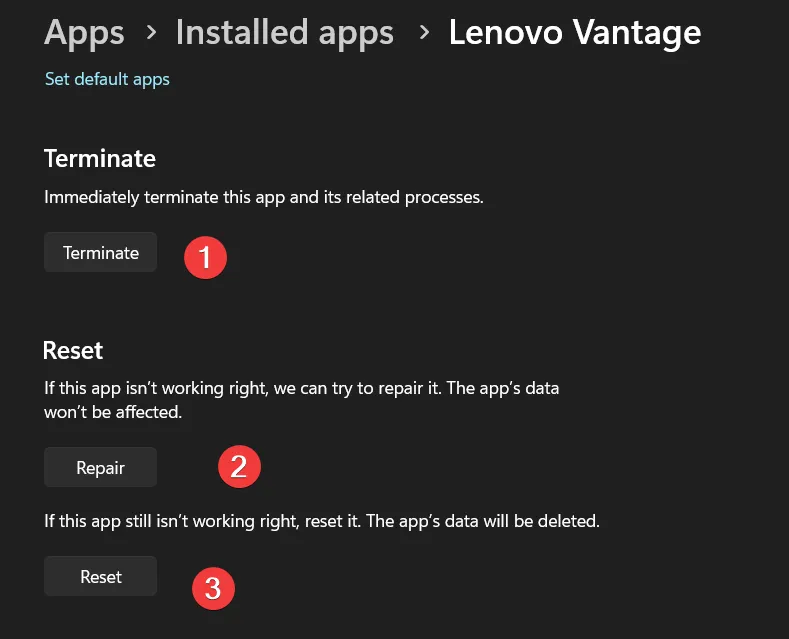 terminate reset and repair option vantage